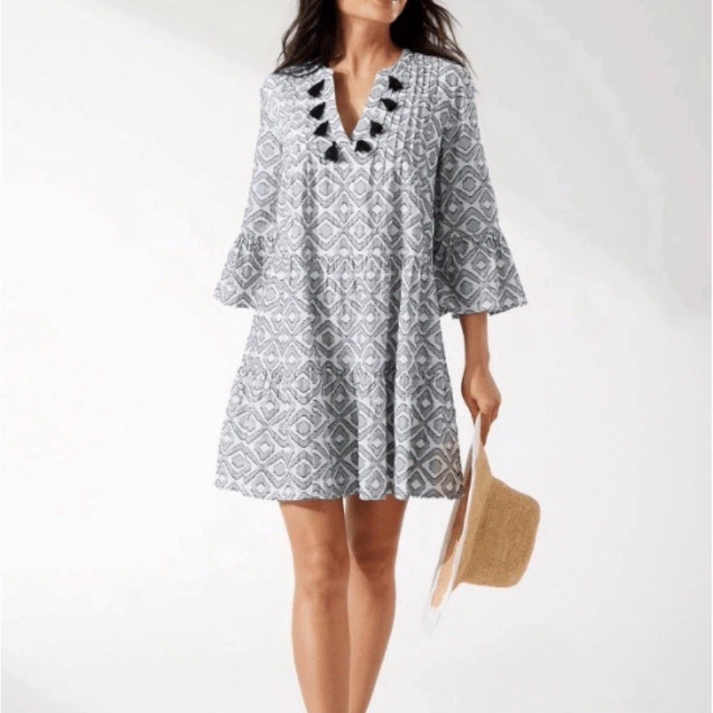 Tommy Bahama Dress Black & Creamy White Ruffle Sleeve Tassel Neckline Lined